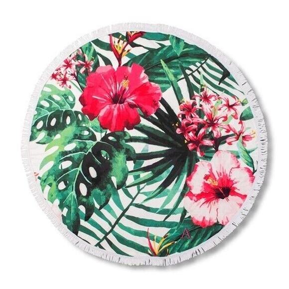 54" Round Beach Towel - Boho Tropical Paradise Blanket - Hibiscus Flowers - Picture 1 of 3